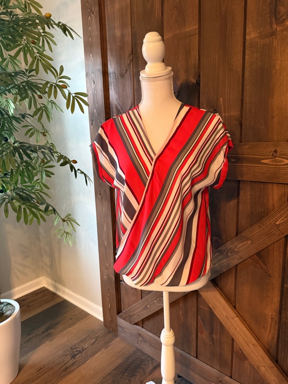 Striped Pink Wrap-Front Women’s Top